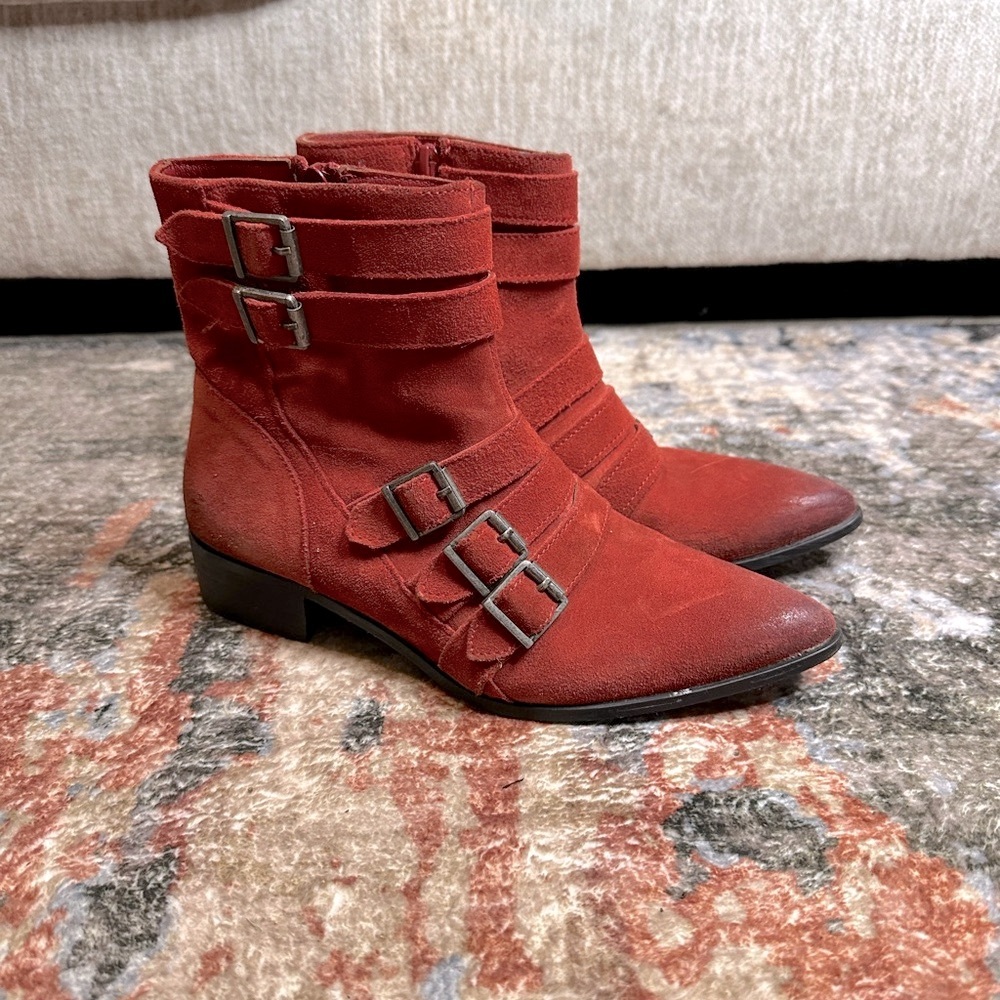 Rebels Ragan Red Suede Pointed Toe Genuine Leather Boho Buckle Ankle Boots